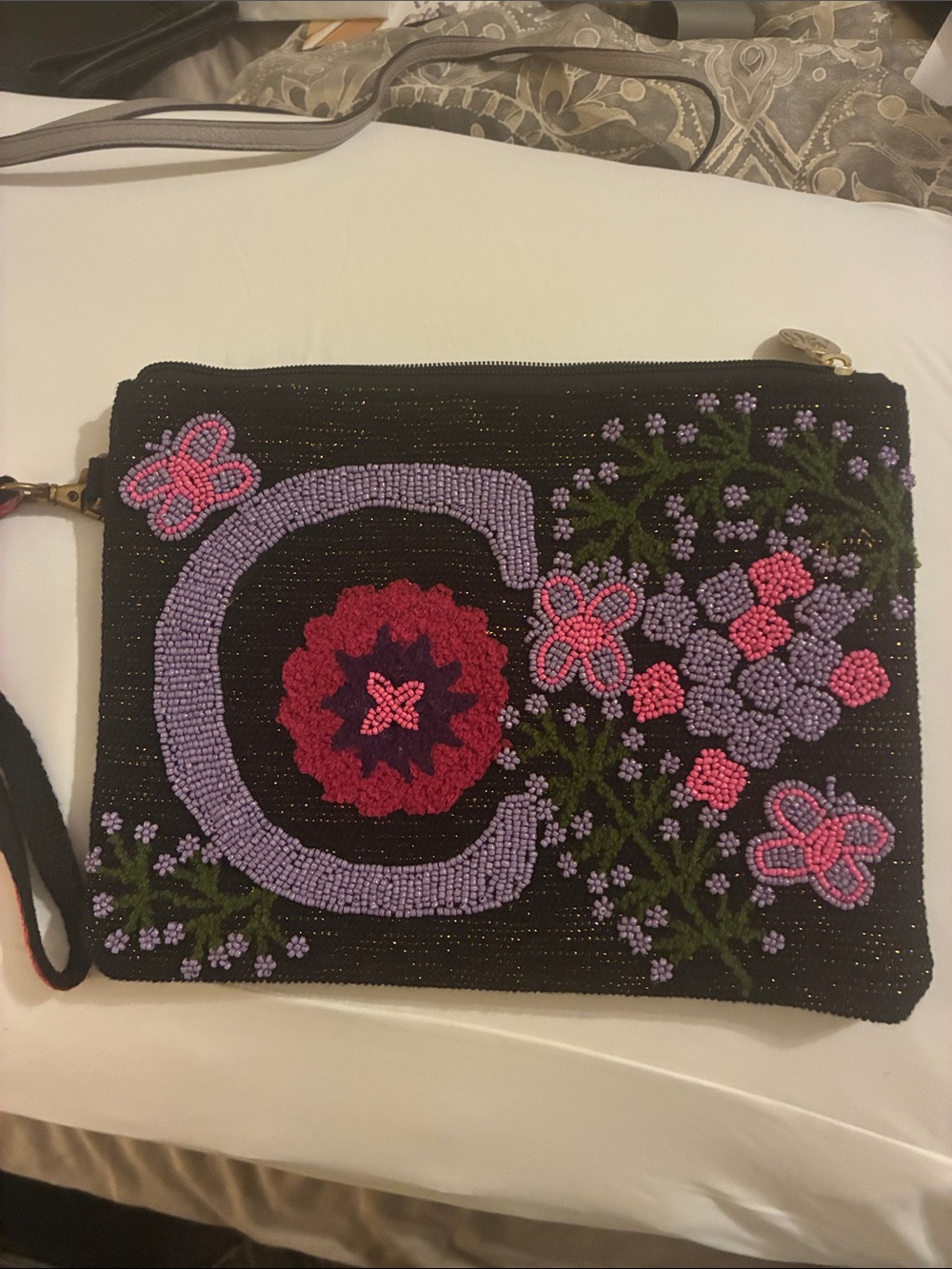 Beaded Floral Wristlet Clutch in Black with Pink & Purple